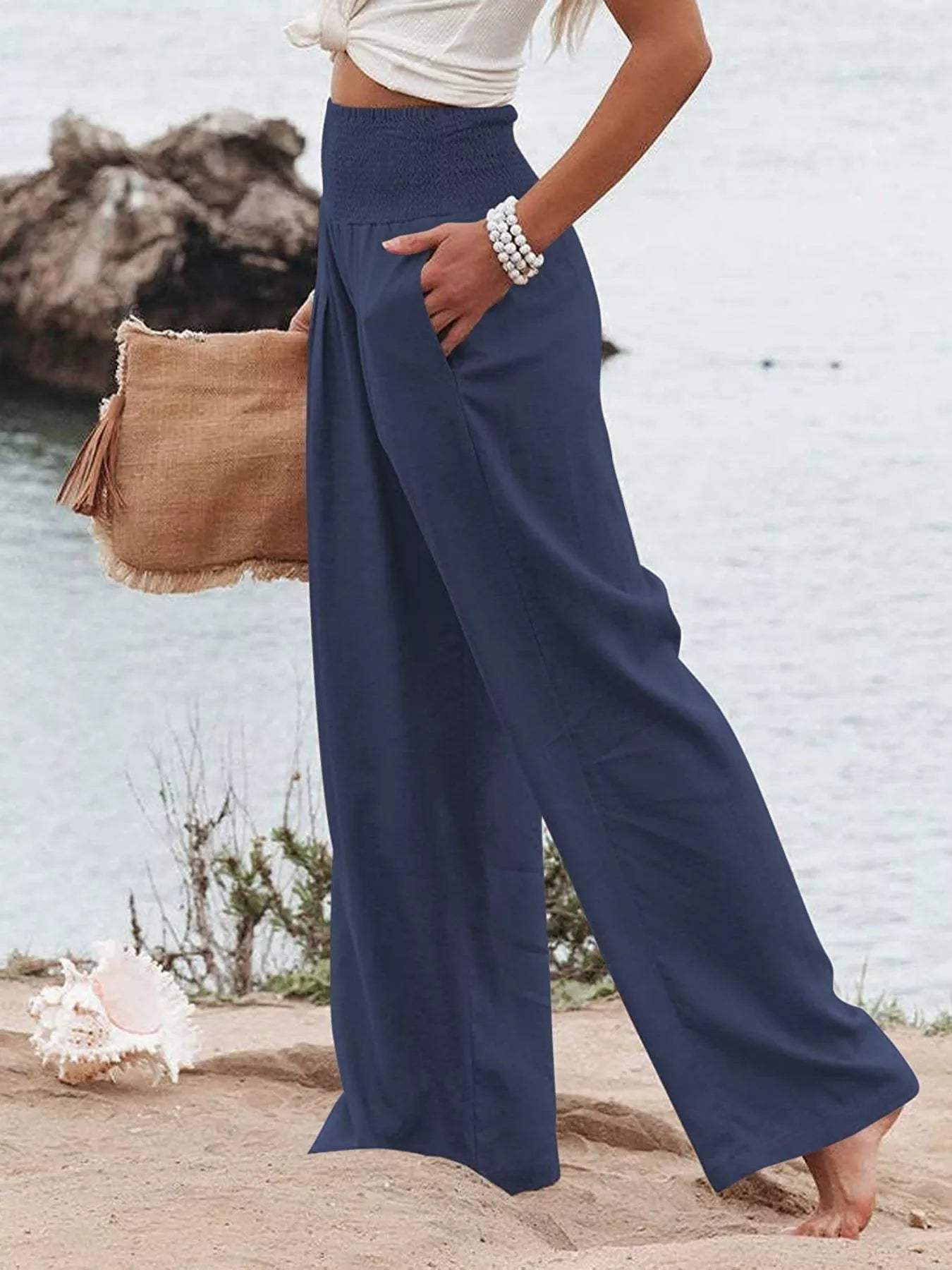 Smocked High Waisted Wide Leg Pants - Trendsi - Flyclothing LLC