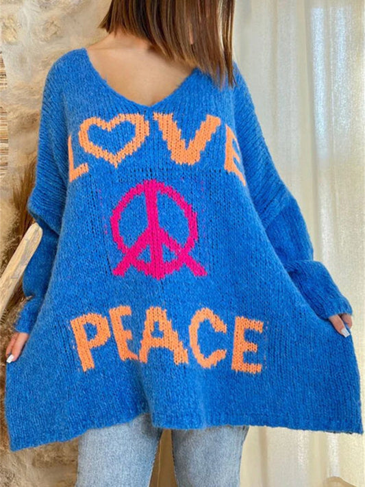 Peace Graphic V-Neck Long Sleeve Sweater - Trendsi