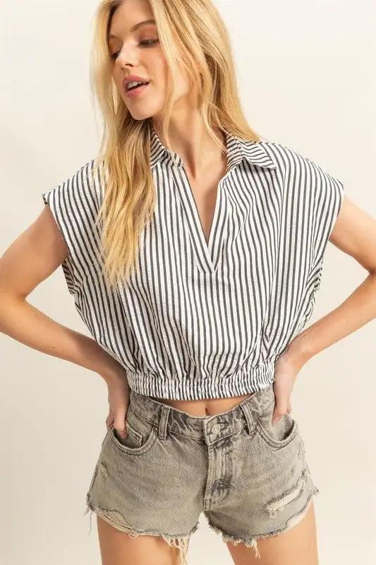 HYFVE Striped Elastic Hem Johnny Collar Cap Sleeve Blouse - Trendsi