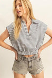 HYFVE Striped Elastic Hem Johnny Collar Cap Sleeve Blouse - Trendsi