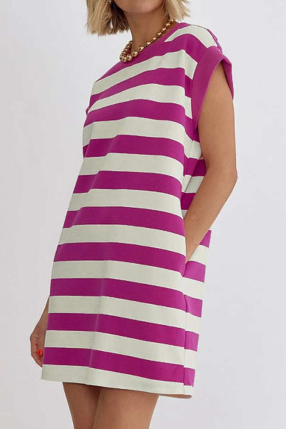Stripe Cap Sleeve Pocketed Shift Tee Dress - Trendsi - Flyclothing LLC