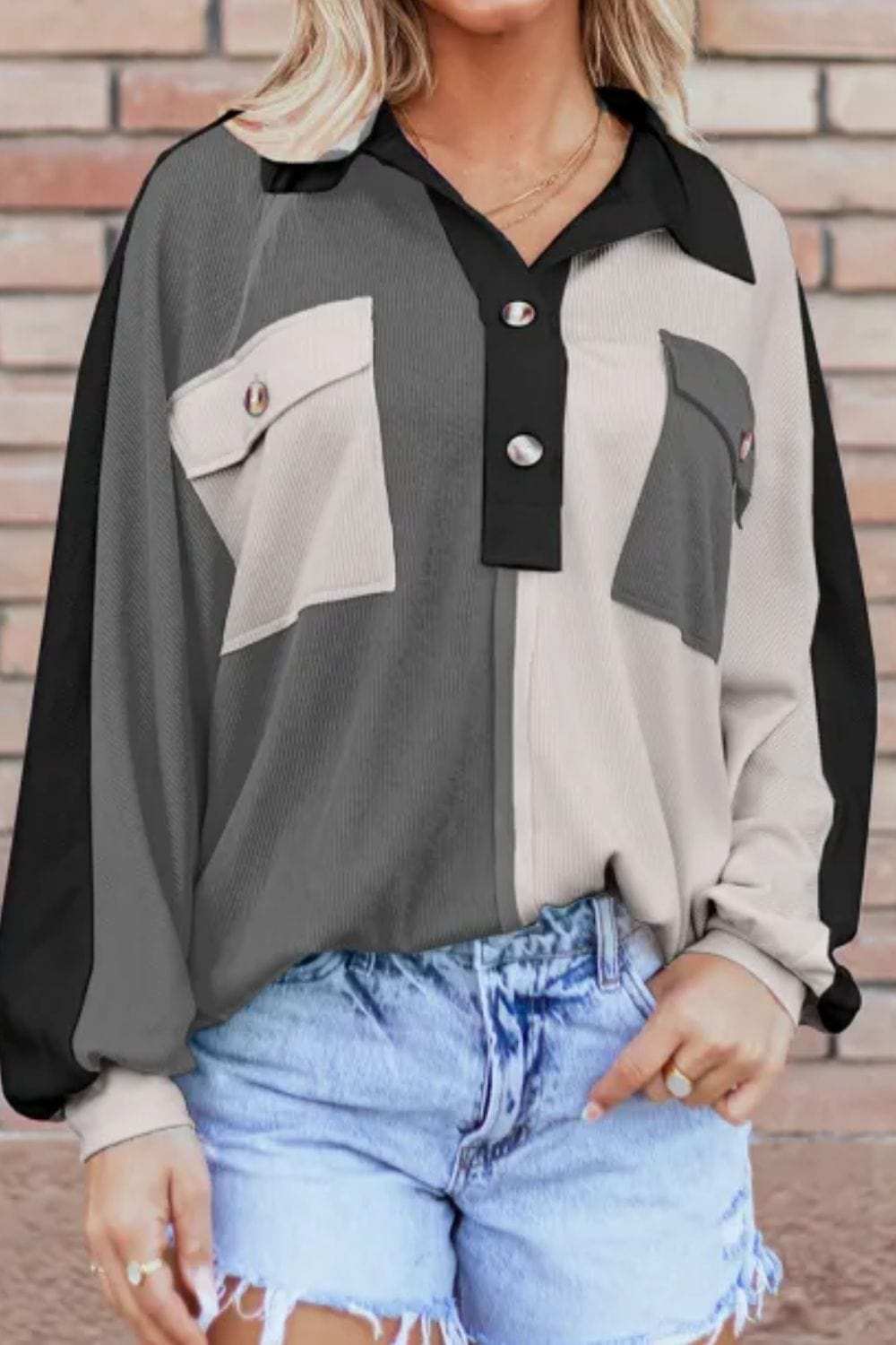 Color Block Collared Neck Long Sleeve Sweatshirt - Trendsi - Flyclothing LLC