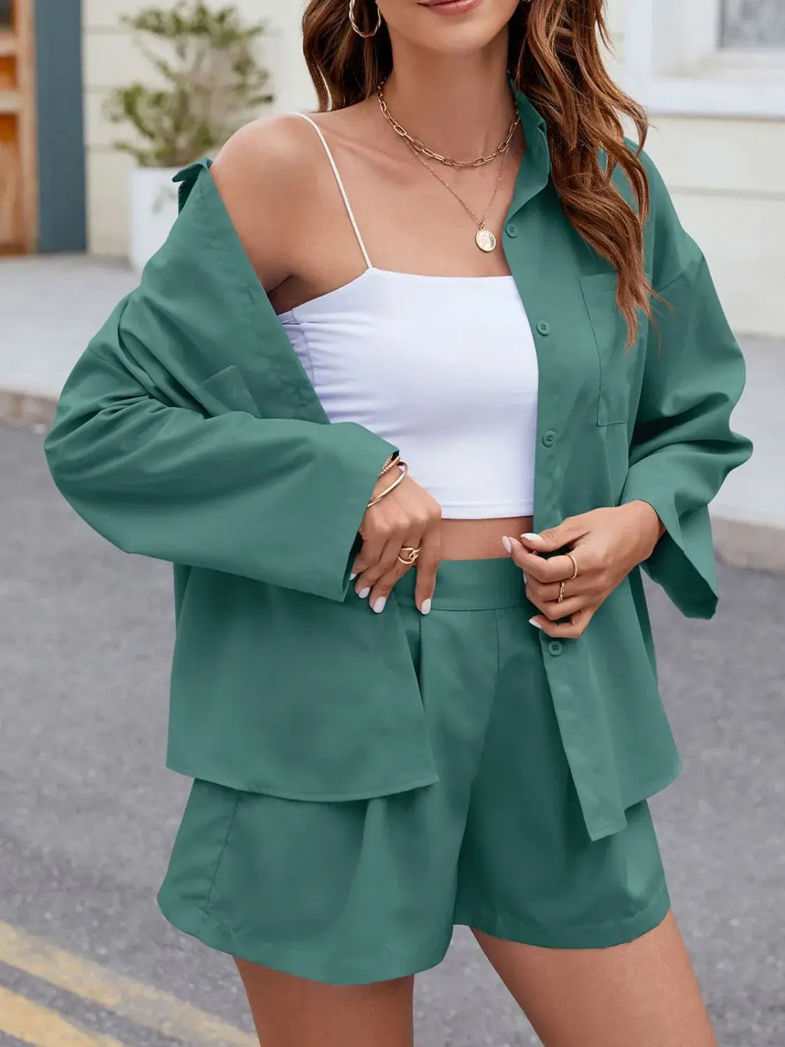 Button Up Long Sleeve Top and Shorts Set - Trendsi - Flyclothing LLC