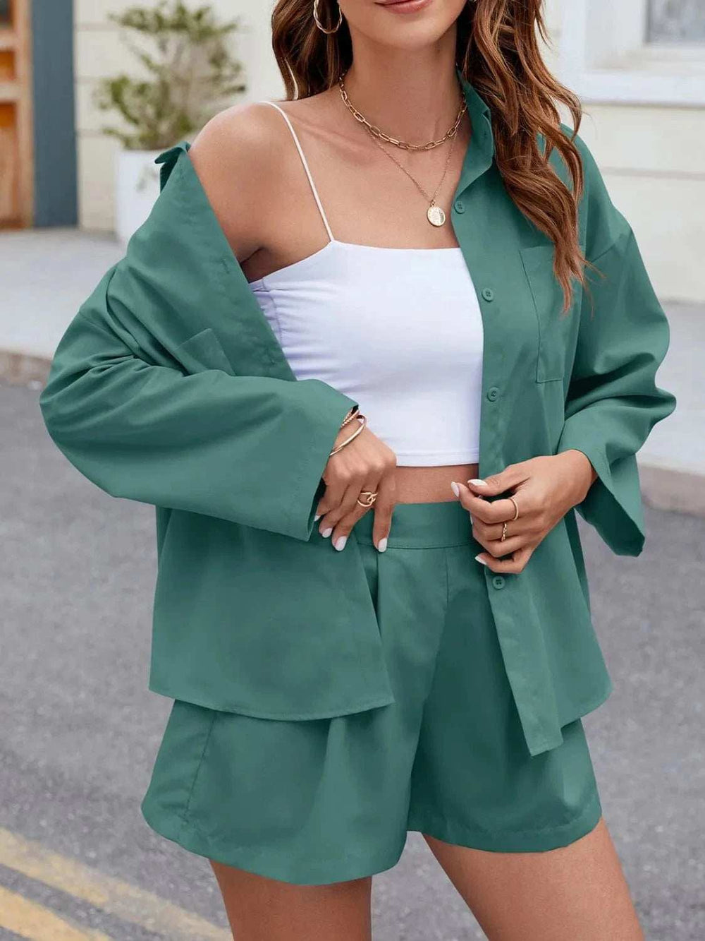 Button Up Long Sleeve Top and Shorts Set - Trendsi - Flyclothing LLC