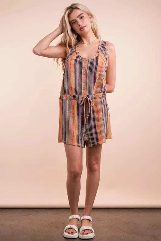 VERY J Crochet Multi Color Striped Casual Summer Romper - Trendsi - Flyclothing LLC