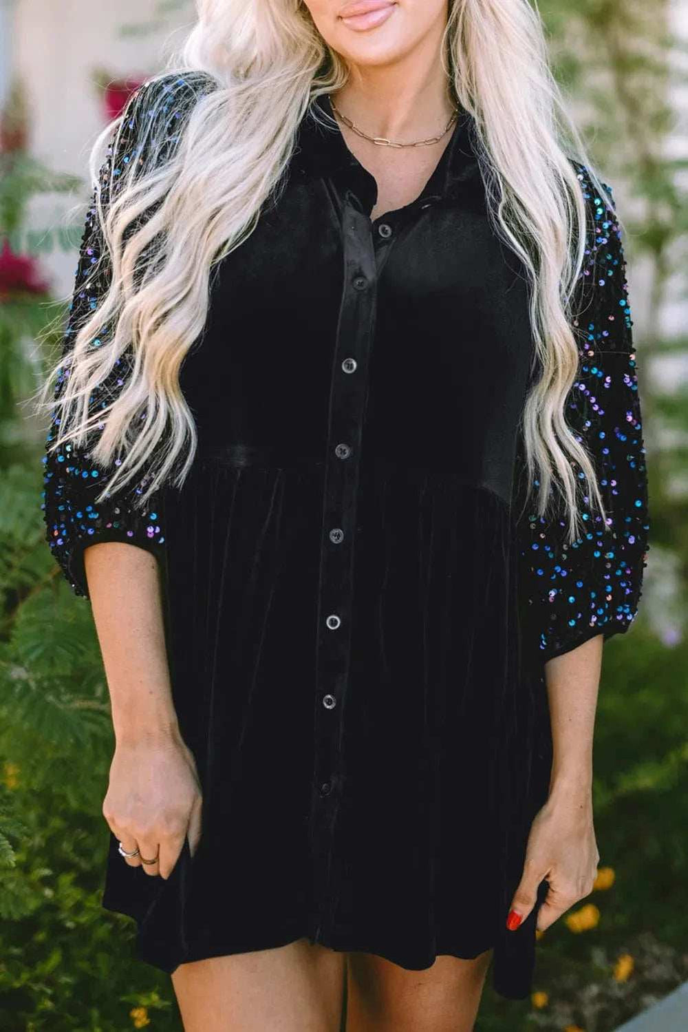 Sequin Collared Neck Three-Quarter Sleeve Oversize Shirt - Trendsi - Flyclothing LLC