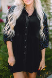 Sequin Collared Neck Three-Quarter Sleeve Oversize Shirt - Trendsi - Flyclothing LLC