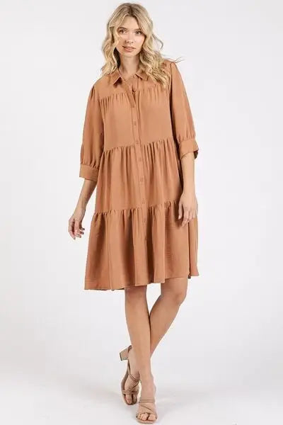 Mittoshop Button Detail Collared Neck Tiered Shirt Dress - Trendsi - Flyclothing LLC