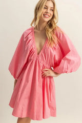 HYFVE Plunge Balloon Sleeve Poplin Mini Dress with Pockets - Trendsi - Flyclothing LLC