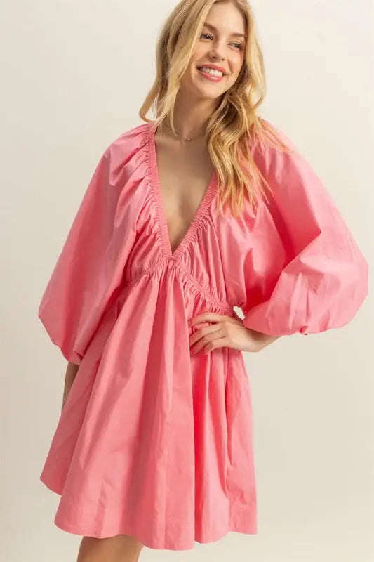 HYFVE Plunge Balloon Sleeve Poplin Mini Dress with Pockets - Trendsi - Flyclothing LLC