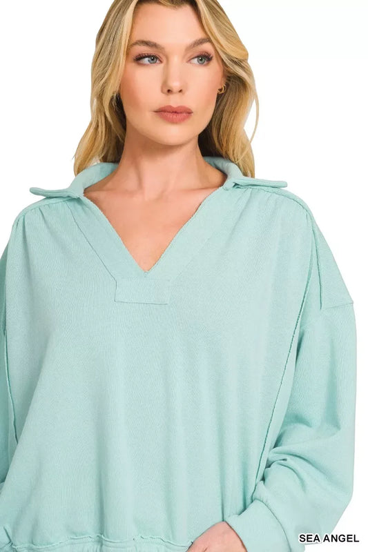 Zenana French Terry Collared Exposed Seam Sweatshirt - Trendsi - Flyclothing LLC