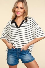 Haptics Full Size Striped Dropped Shoulder Half Sleeve T-Shirt - Trendsi