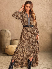 Ruched Printed Notched Long Sleeve Maxi Dress - Trendsi