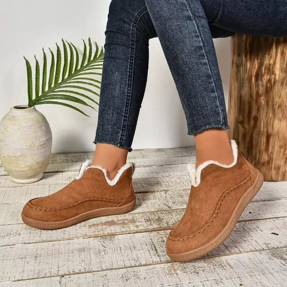 Round Toe Sherpa-Lined Slip-Ons - Trendsi - Flyclothing LLC