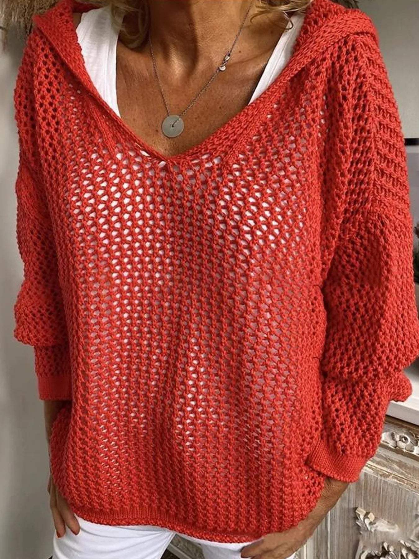 Openwork Long Sleeve Hooded Knit Cover Up - Trendsi - Flyclothing LLC