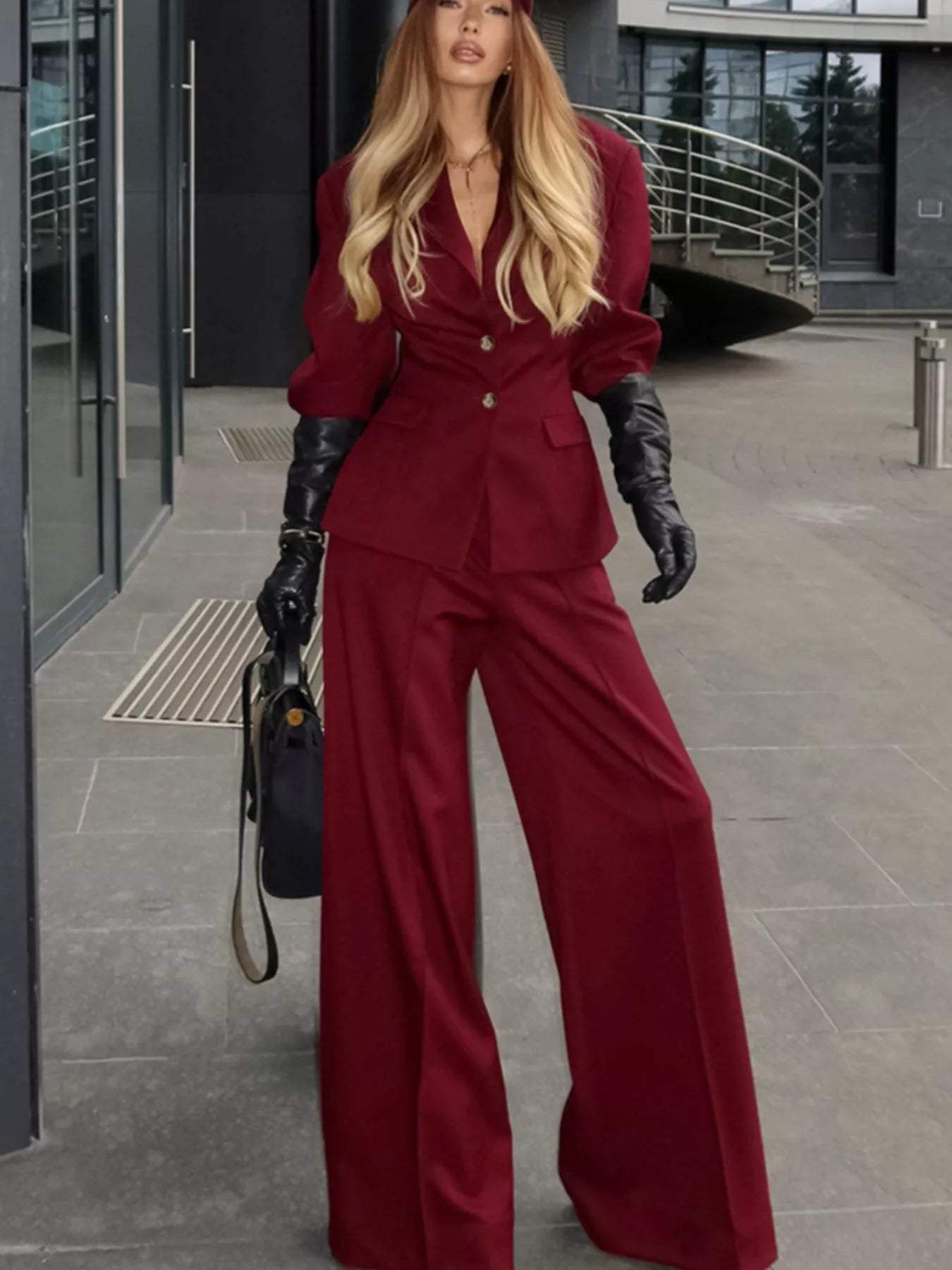 Single-Breasted Blazer and Wide-Leg Pants Set - Trendsi - Flyclothing LLC
