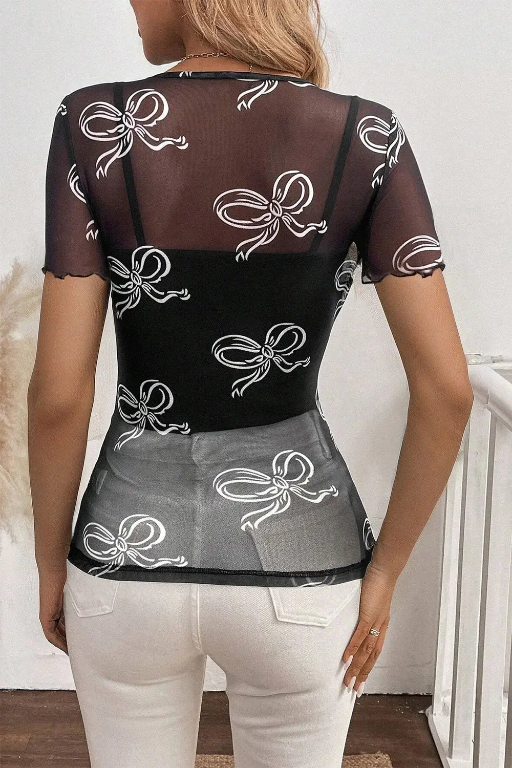 Bow Mesh Round Neck Short Sleeve T-Shirt - Trendsi - Flyclothing LLC