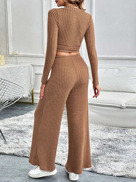 Perfee Surplice Long Sleeve Top and Pants Set - Trendsi - Flyclothing LLC