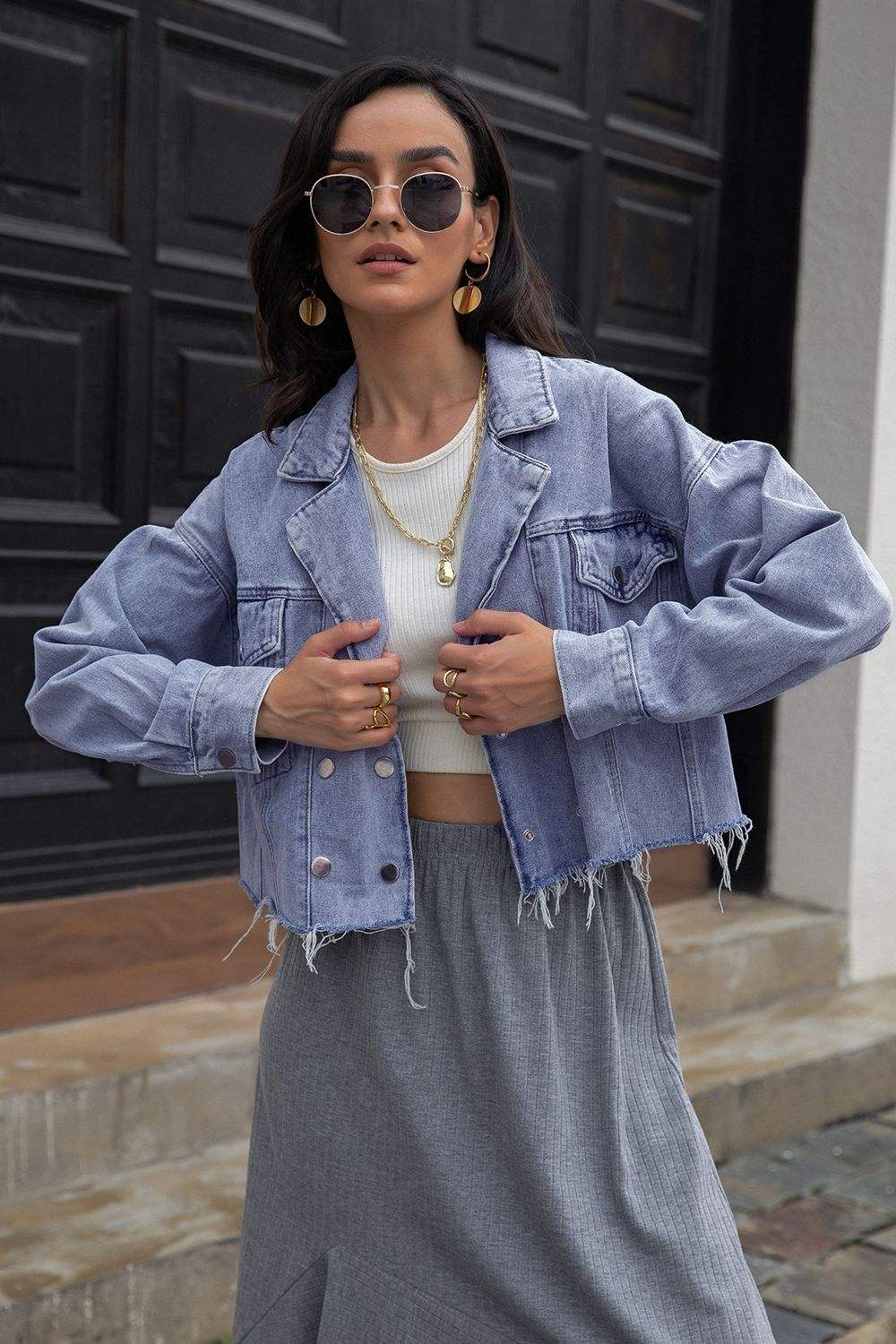 Lapel Collar Long Sleeve Denim Jacket - Trendsi - Flyclothing LLC