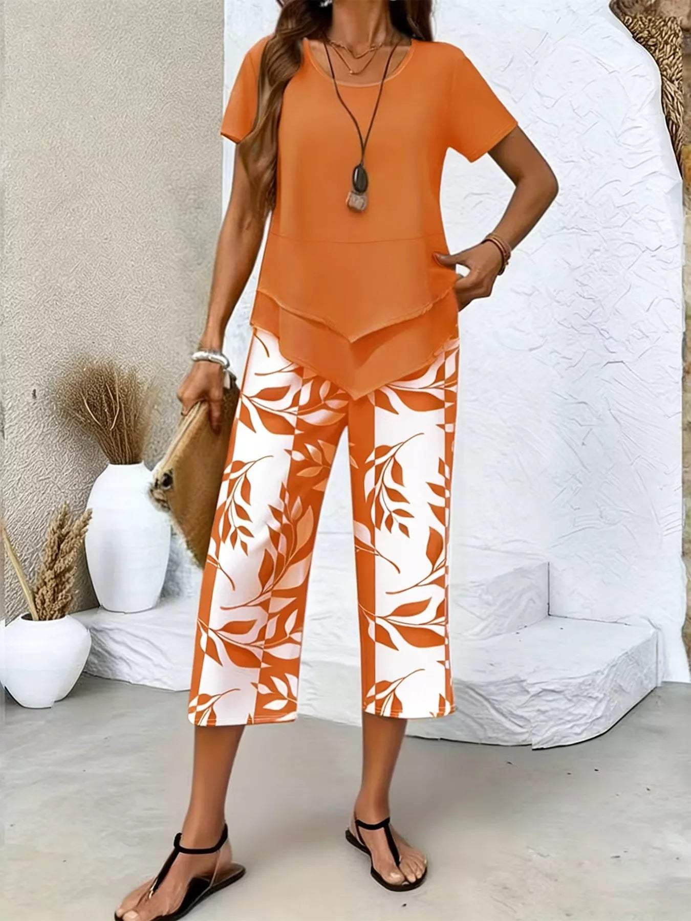 Layered Top and Leaf Print Cropped Pants Set - Trendsi - Flyclothing LLC