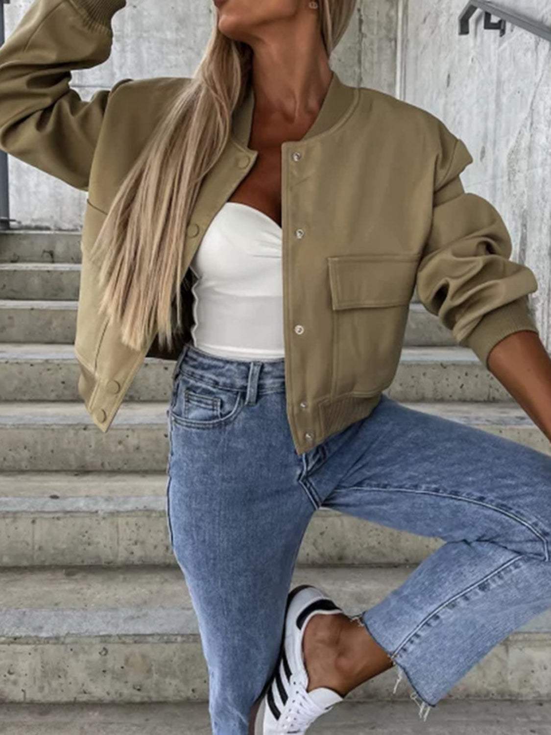 Baseball Collar Dropped Shoulder Jacket - Trendsi - Flyclothing LLC
