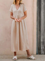 V-Neck Short Sleeve Midi Dress - Trendsi - Flyclothing LLC