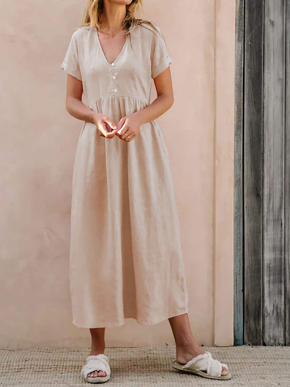 V-Neck Short Sleeve Midi Dress - Trendsi - Flyclothing LLC