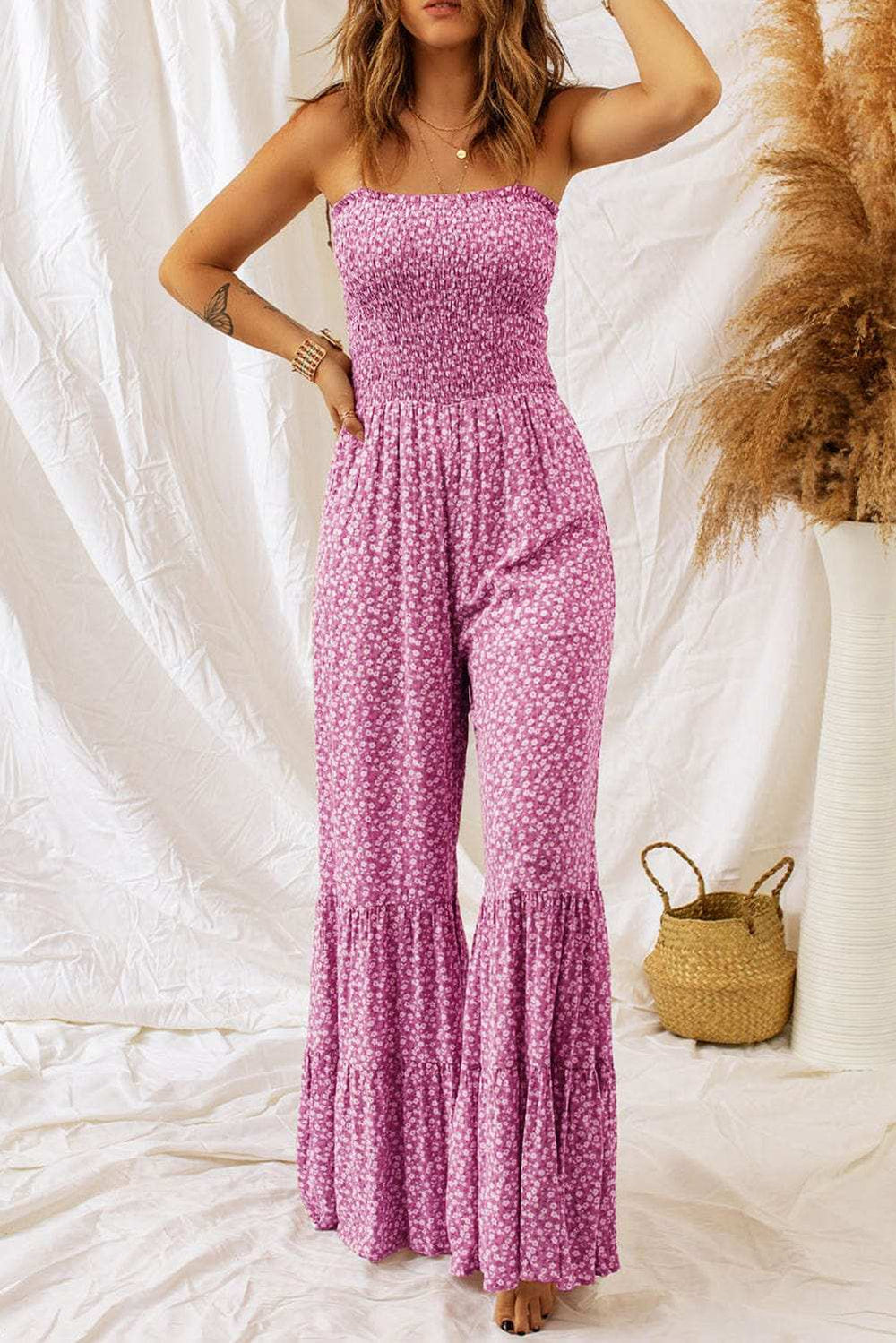 Smocked Printed Wide Strap Jumpsuit - Trendsi - Flyclothing LLC