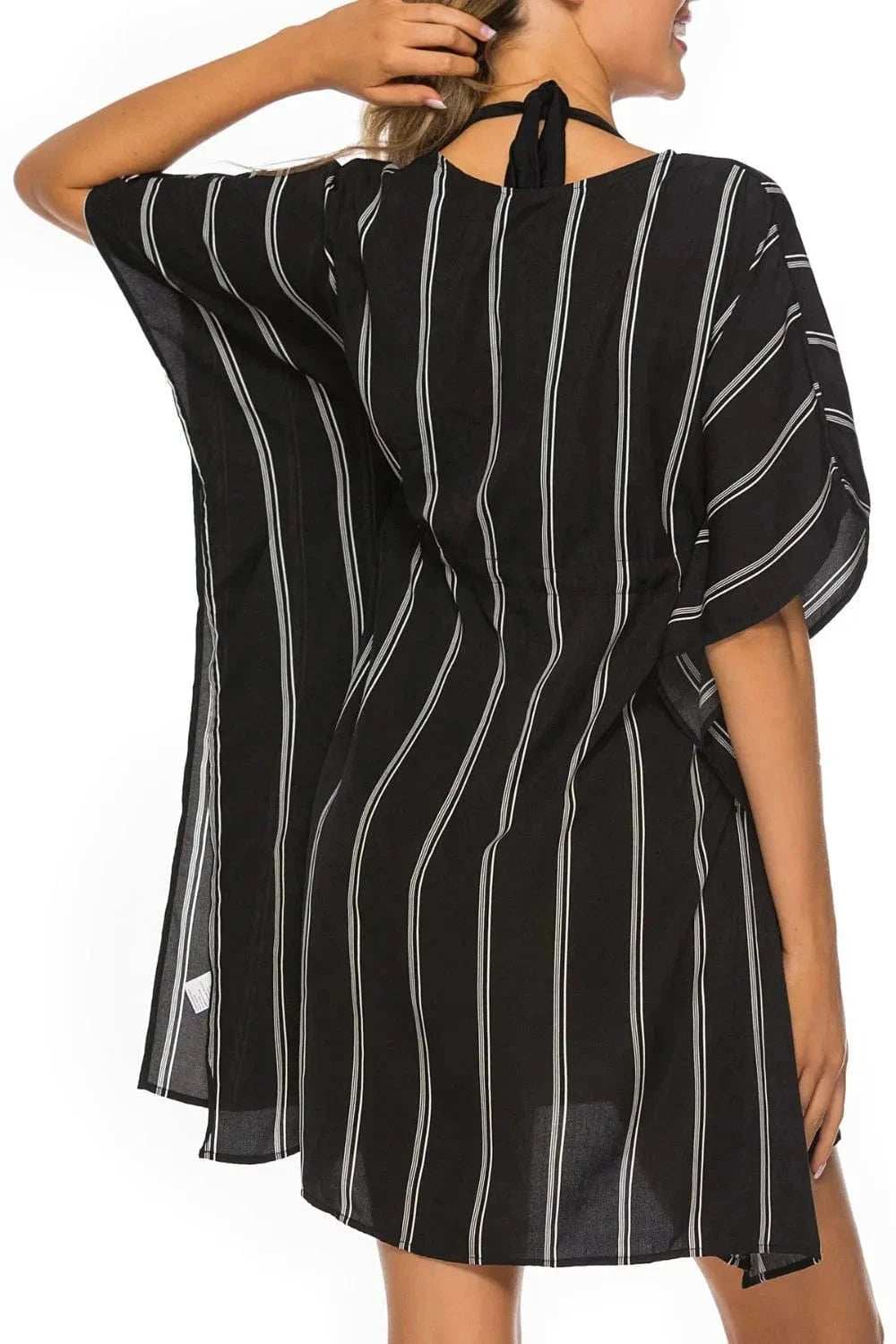 Drawstring Striped V-Neck Cover-Up - Trendsi - Flyclothing LLC