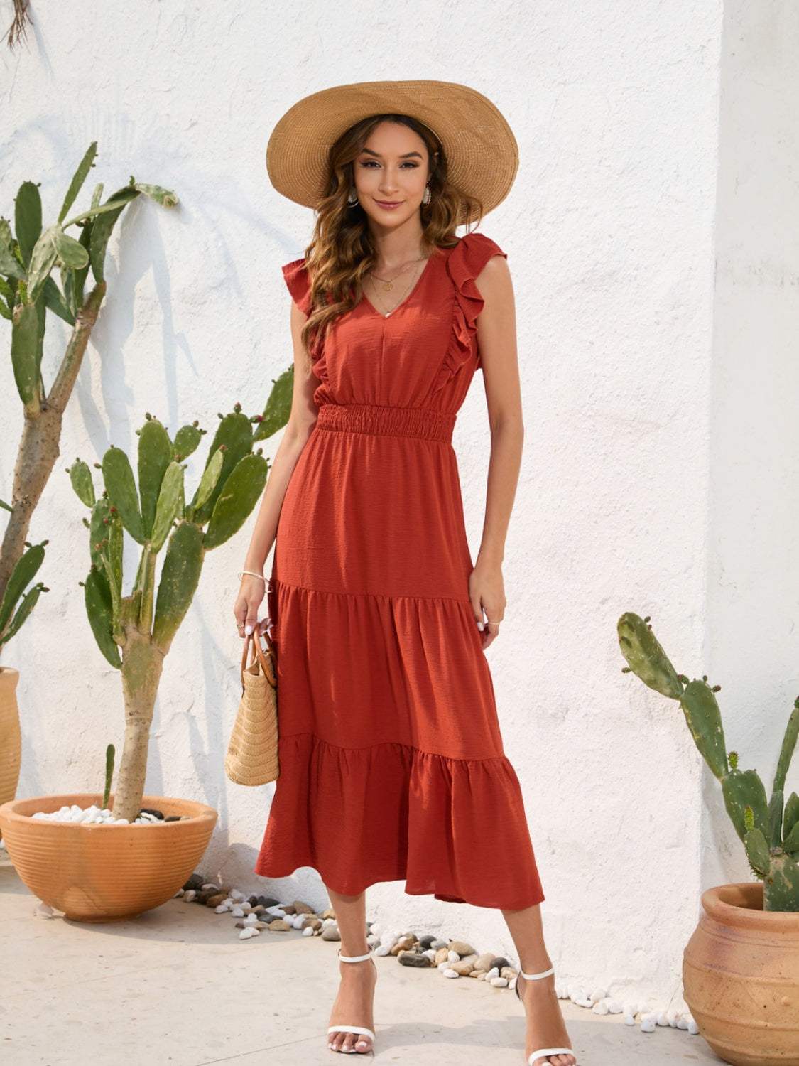 Tiered Ruffled V-Neck Cap Sleeve Dress - Trendsi - Flyclothing LLC