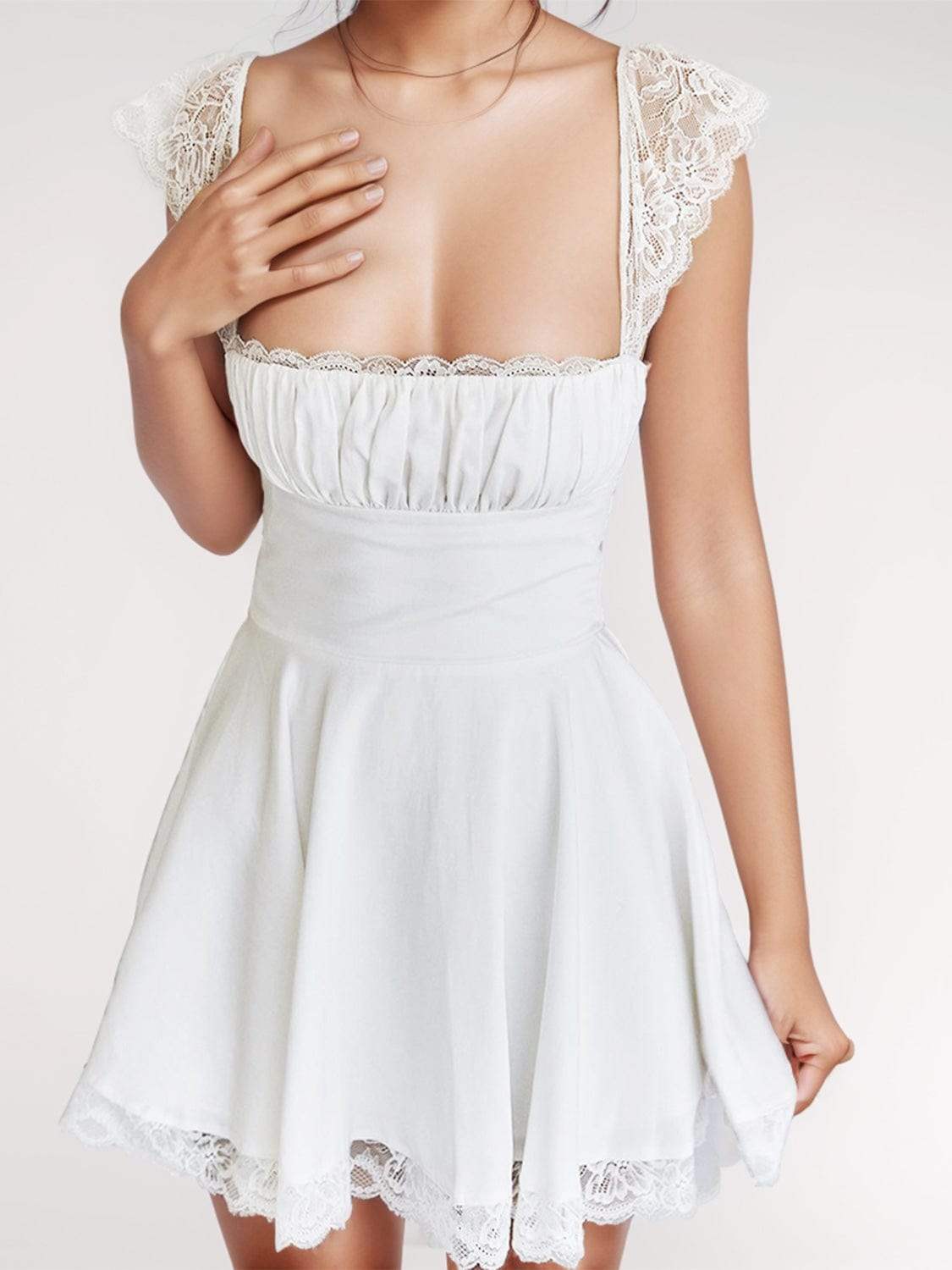 Lace Detail Square Neck Cap Sleeve Mini Dress - Trendsi - Flyclothing LLC