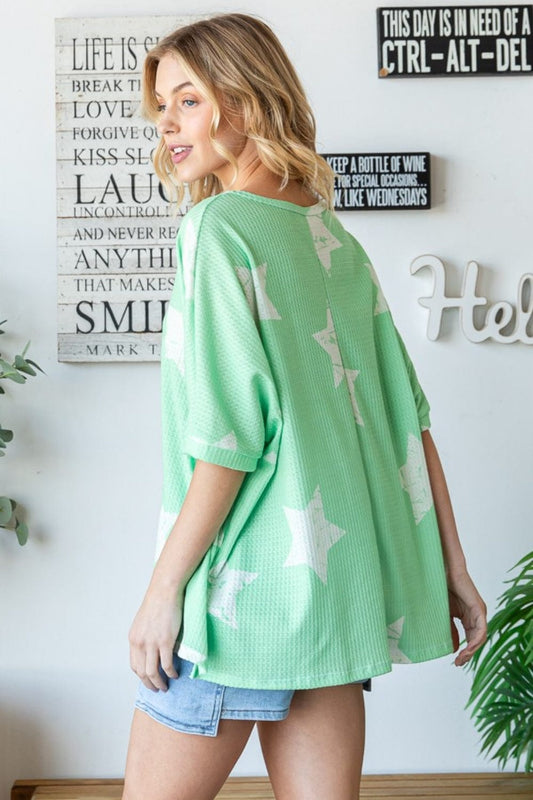 HOPELY Star Pattern Oversized Waffle T-Shirt - Trendsi