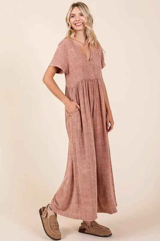 Mittoshop Mineral Wash Short Sleeve Flowy Wide Leg Jumpsuit - Trendsi - Flyclothing LLC