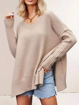 V-Neck Ribbed Sleeve Sweater - Trendsi - Flyclothing LLC