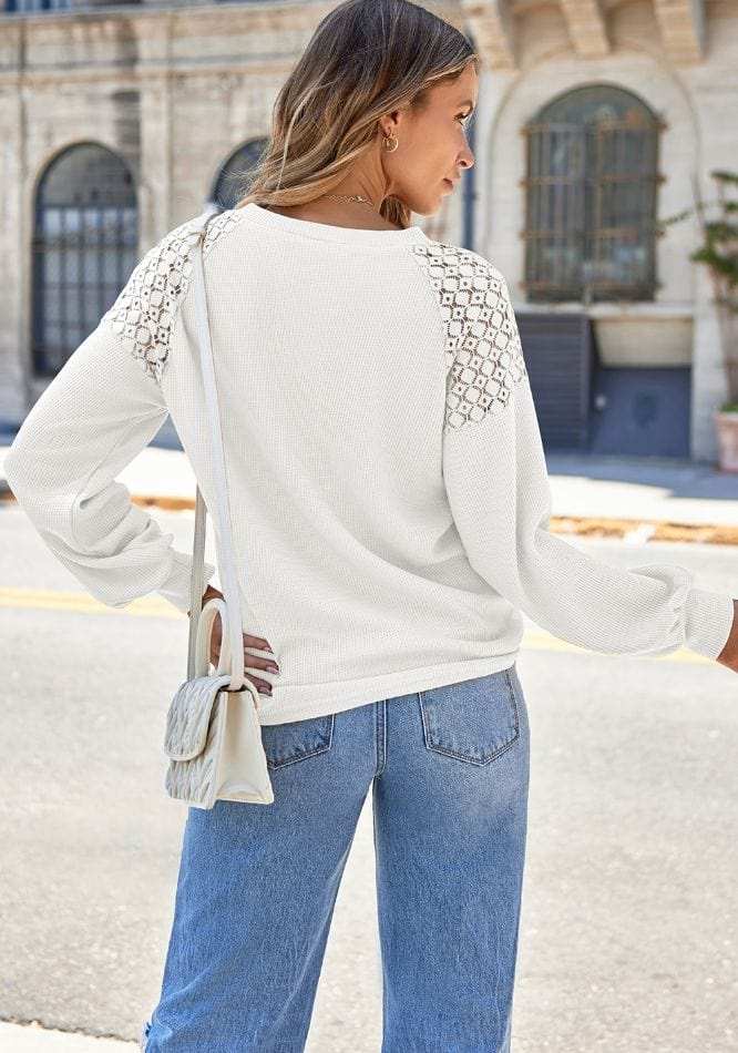 Lace Detail Round Neck Lantern Sleeve Top - Trendsi - Flyclothing LLC