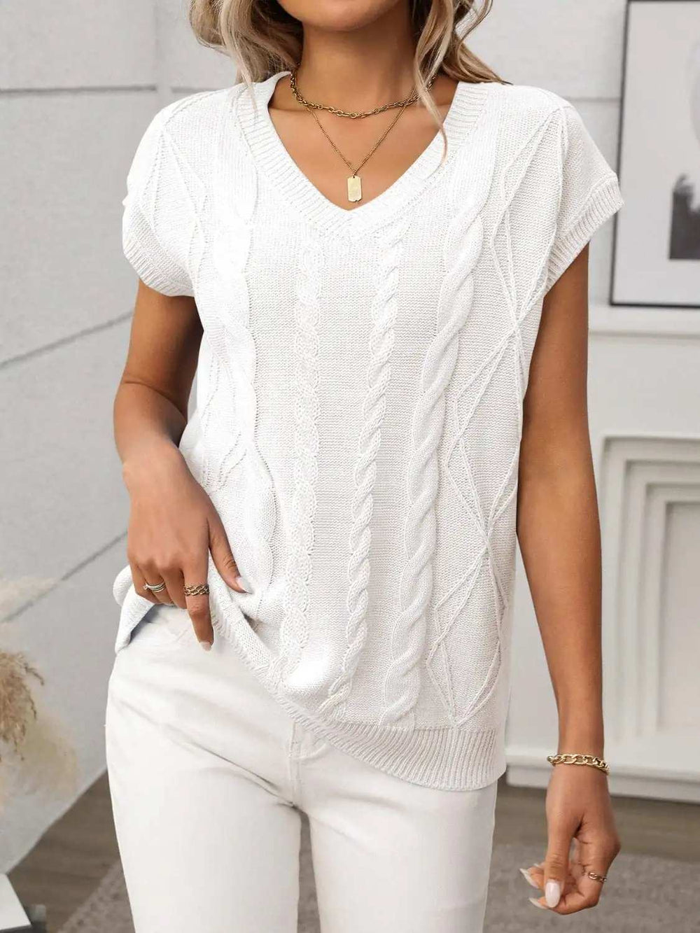 Cable-Knit V-Neck Short Sleeve Knit Top - Trendsi - Flyclothing LLC