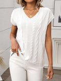 Cable-Knit V-Neck Short Sleeve Knit Top - Trendsi - Flyclothing LLC