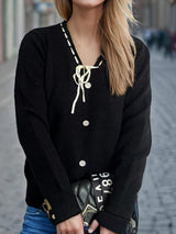 Tied V-Neck Long Sleeve Sweater - Trendsi - Flyclothing LLC
