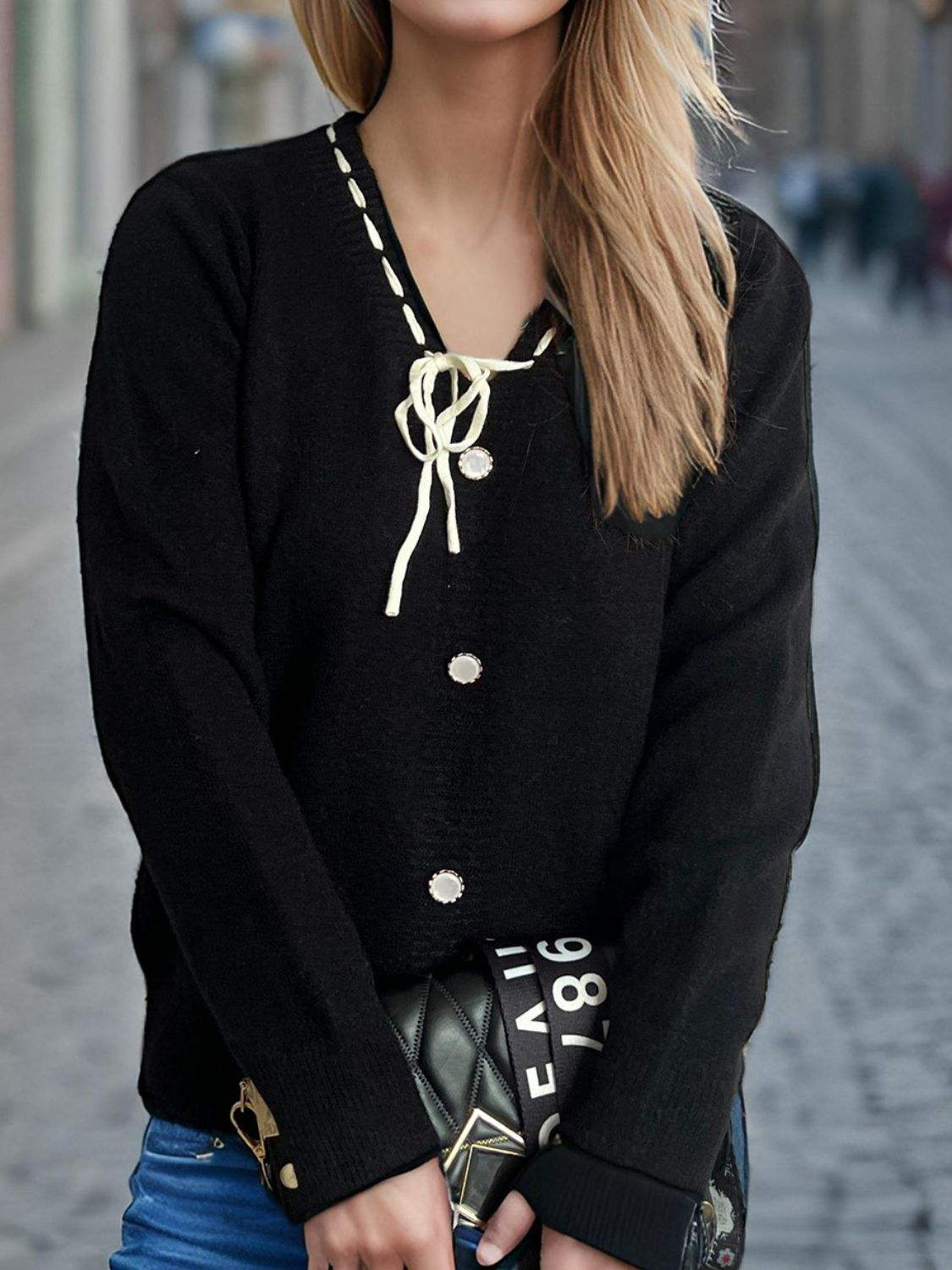 Tied V-Neck Long Sleeve Sweater - Trendsi - Flyclothing LLC