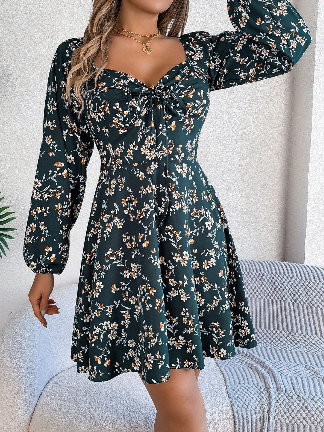 Printed Sweetheart Neck Balloon Sleeve Mini Dress - Trendsi
