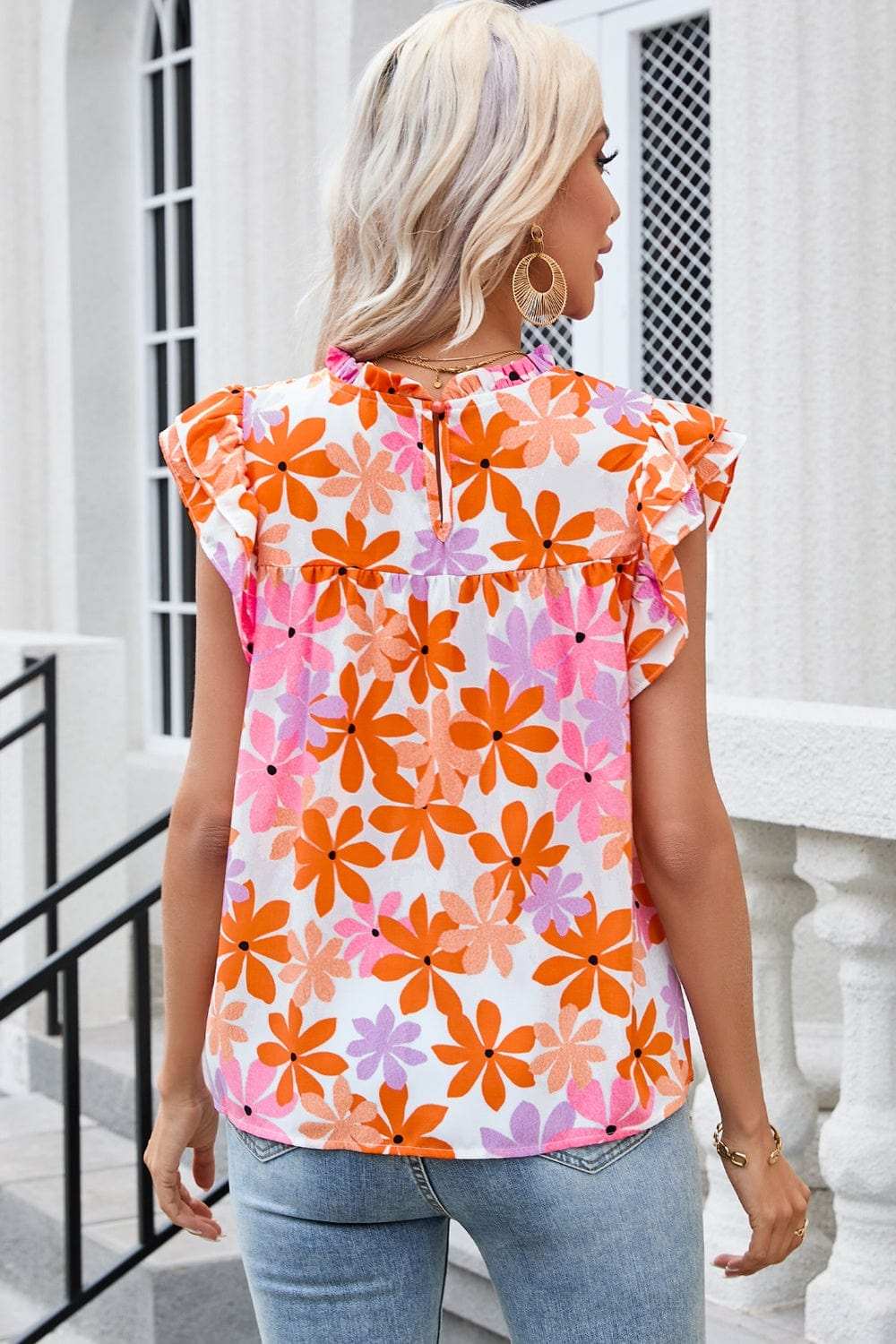 Printed Round Neck Cap Sleeve Blouse - Trendsi - Flyclothing LLC