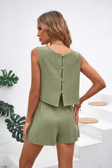 Round Neck Top and Drawstring Shorts Set - Trendsi - Flyclothing LLC
