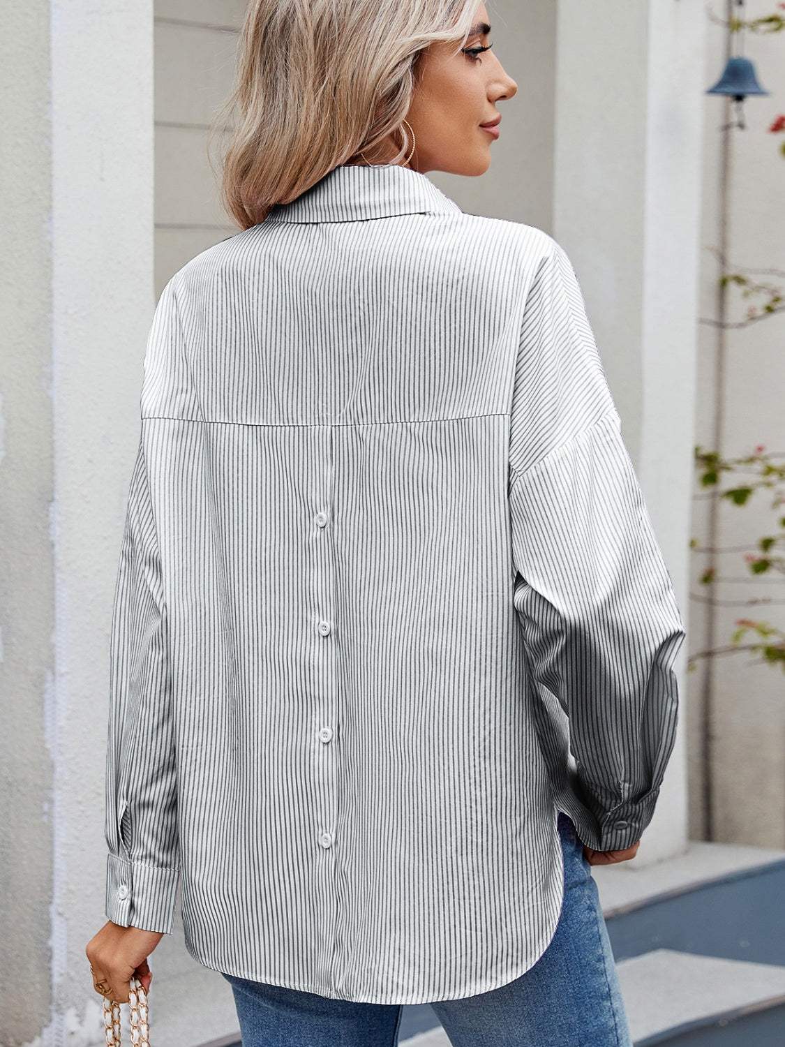 Striped Collared Neck Button Down Long Sleeve Shirt - Trendsi - Flyclothing LLC