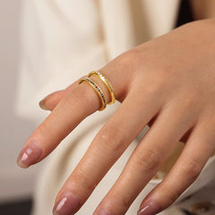 Gold-Plated Czech Diamond Double-Layered Ring - Trendsi