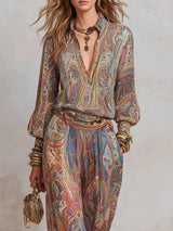 Paisley Print Long Sleeve Top and Pants Set - Trendsi - Flyclothing LLC