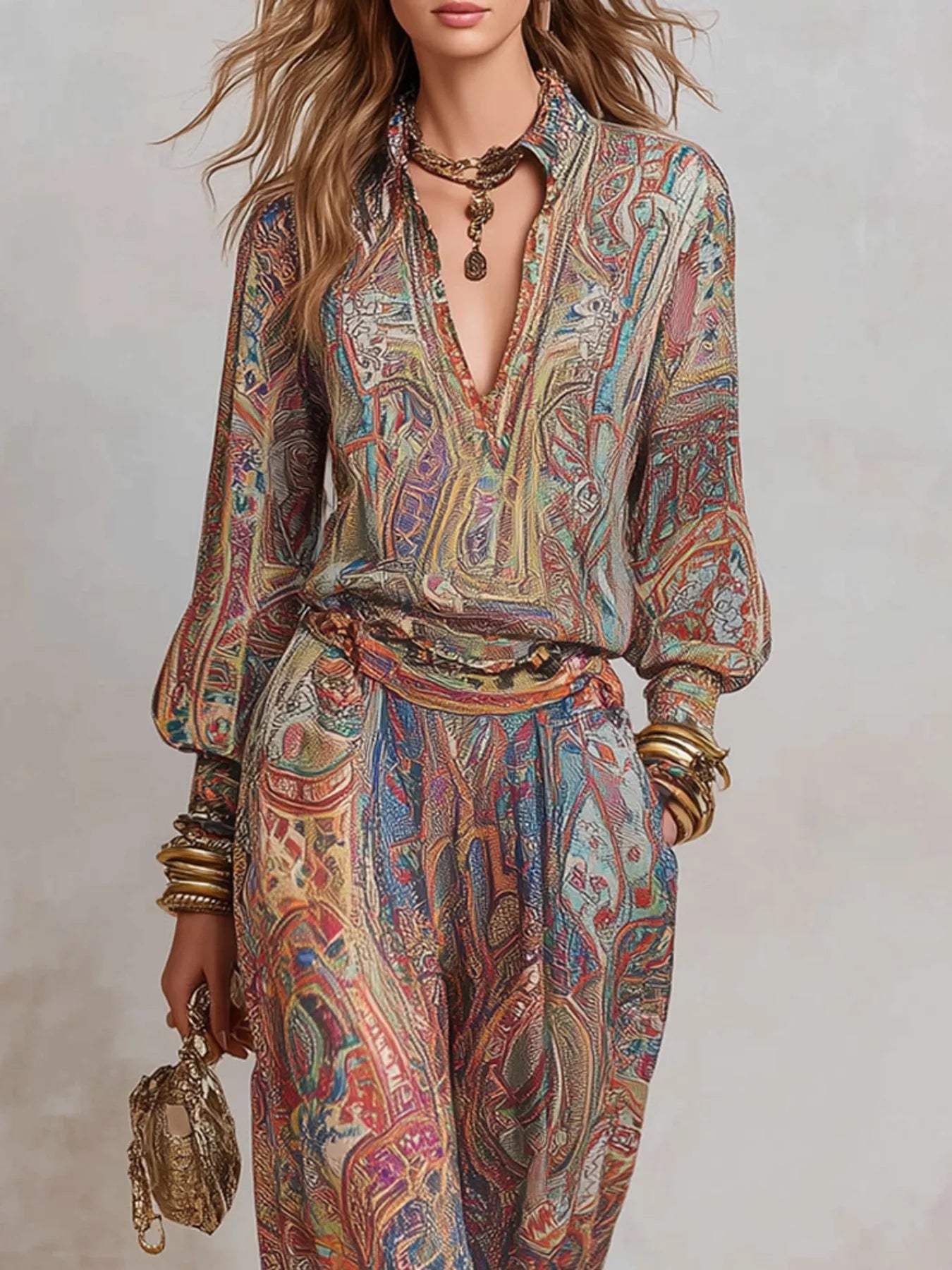 Paisley Print Long Sleeve Top and Pants Set - Trendsi - Flyclothing LLC