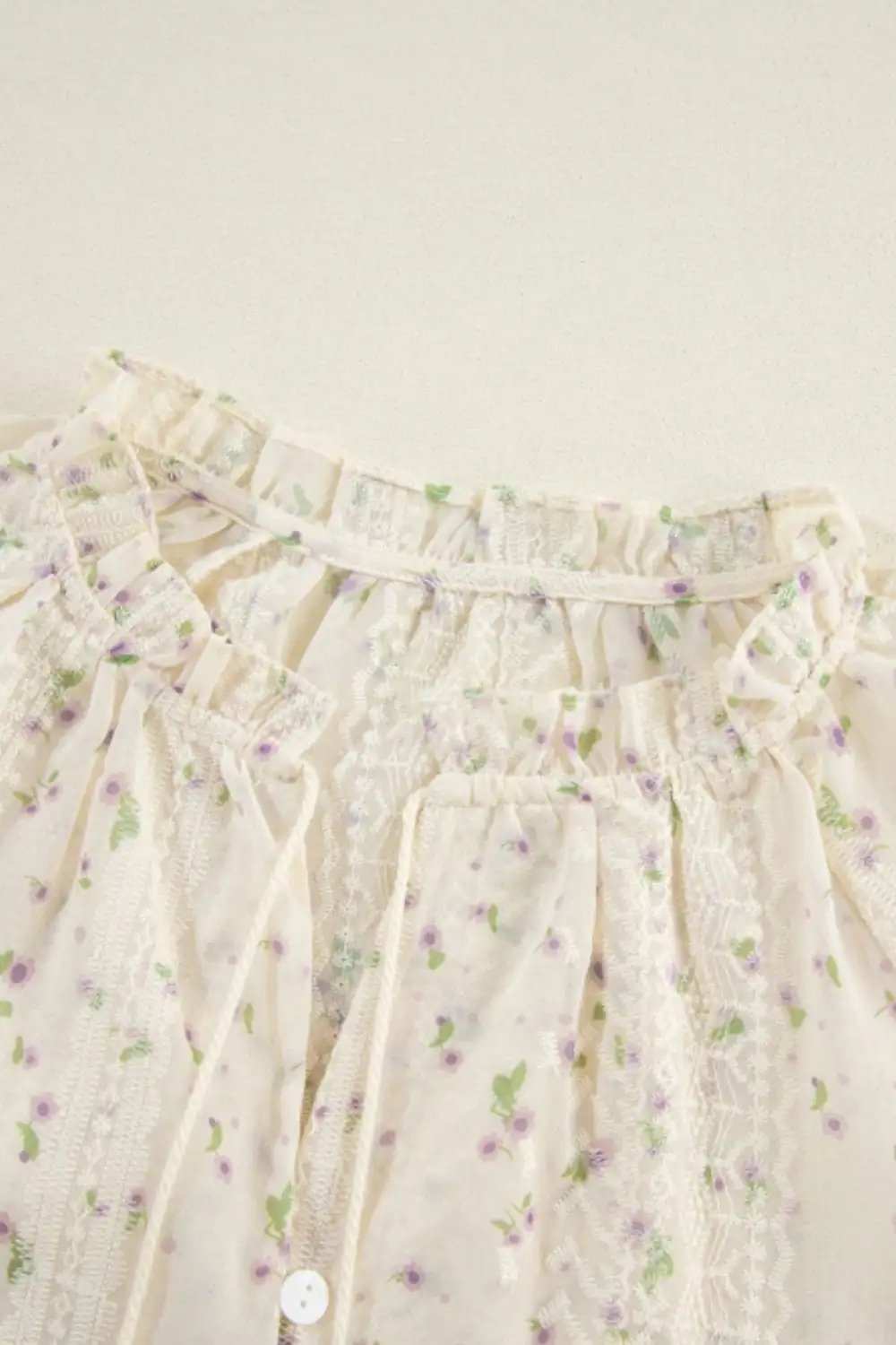 Frill Lace Detail Printed Tie Neck Long Sleeve Blouse - Trendsi - Flyclothing LLC