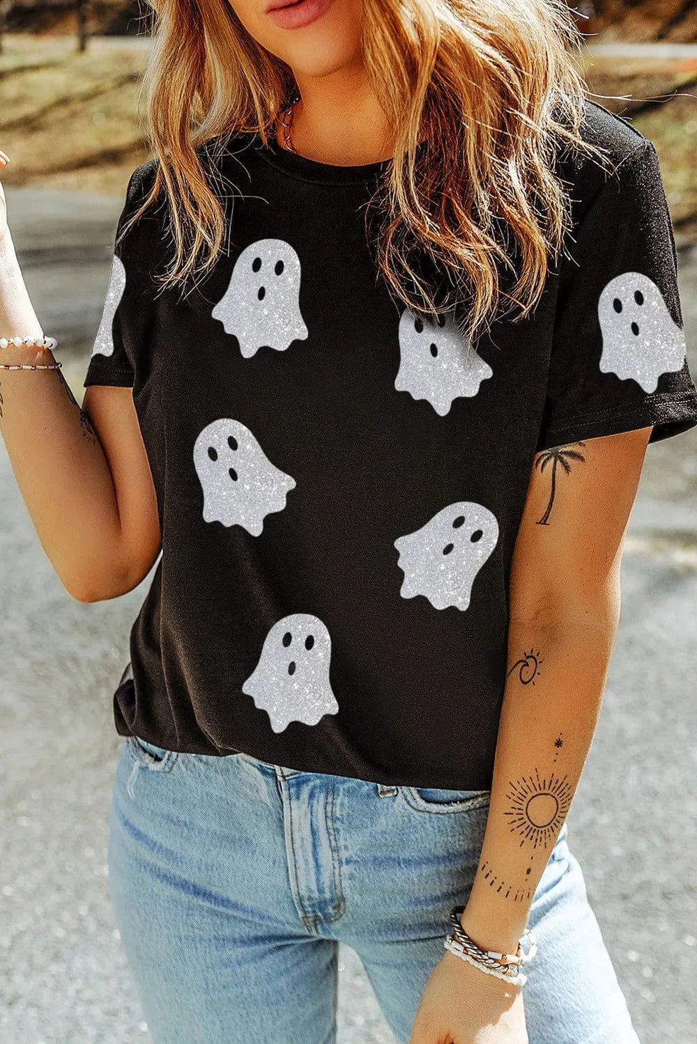 Glitter Ghost Round Neck Short Sleeve T-Shirt - Trendsi