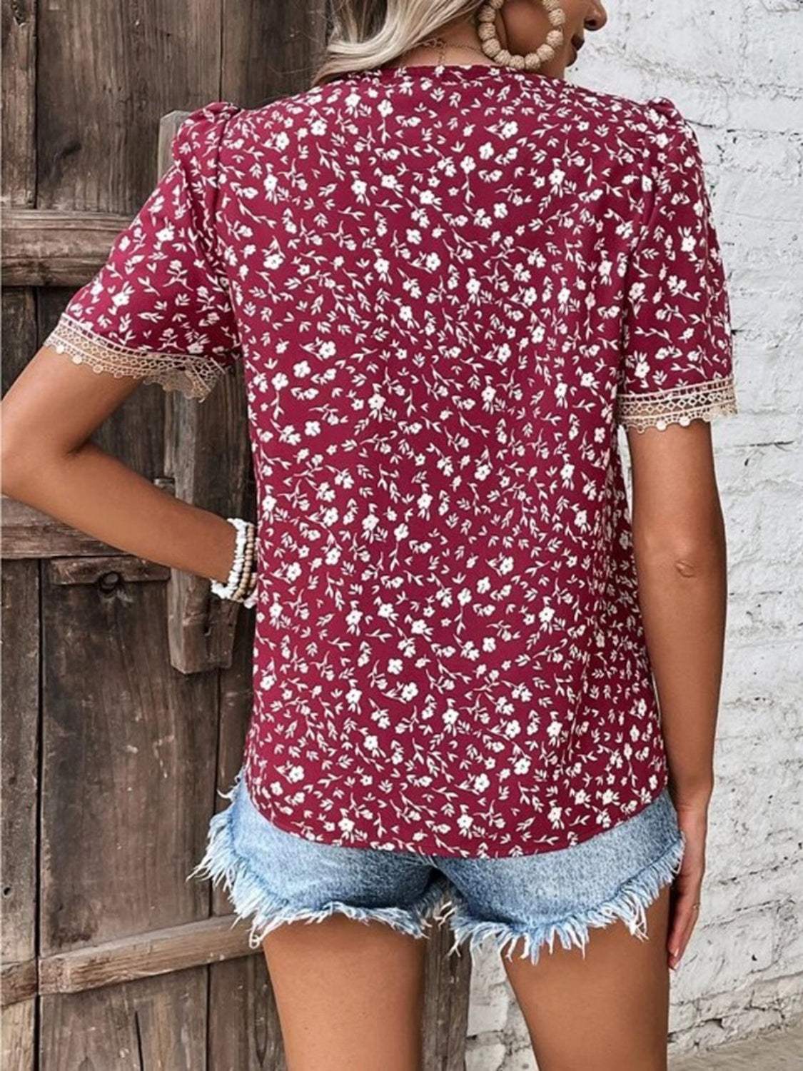 Full Size Printed V-Neck Short Sleeve Blouse - Trendsi - Flyclothing LLC