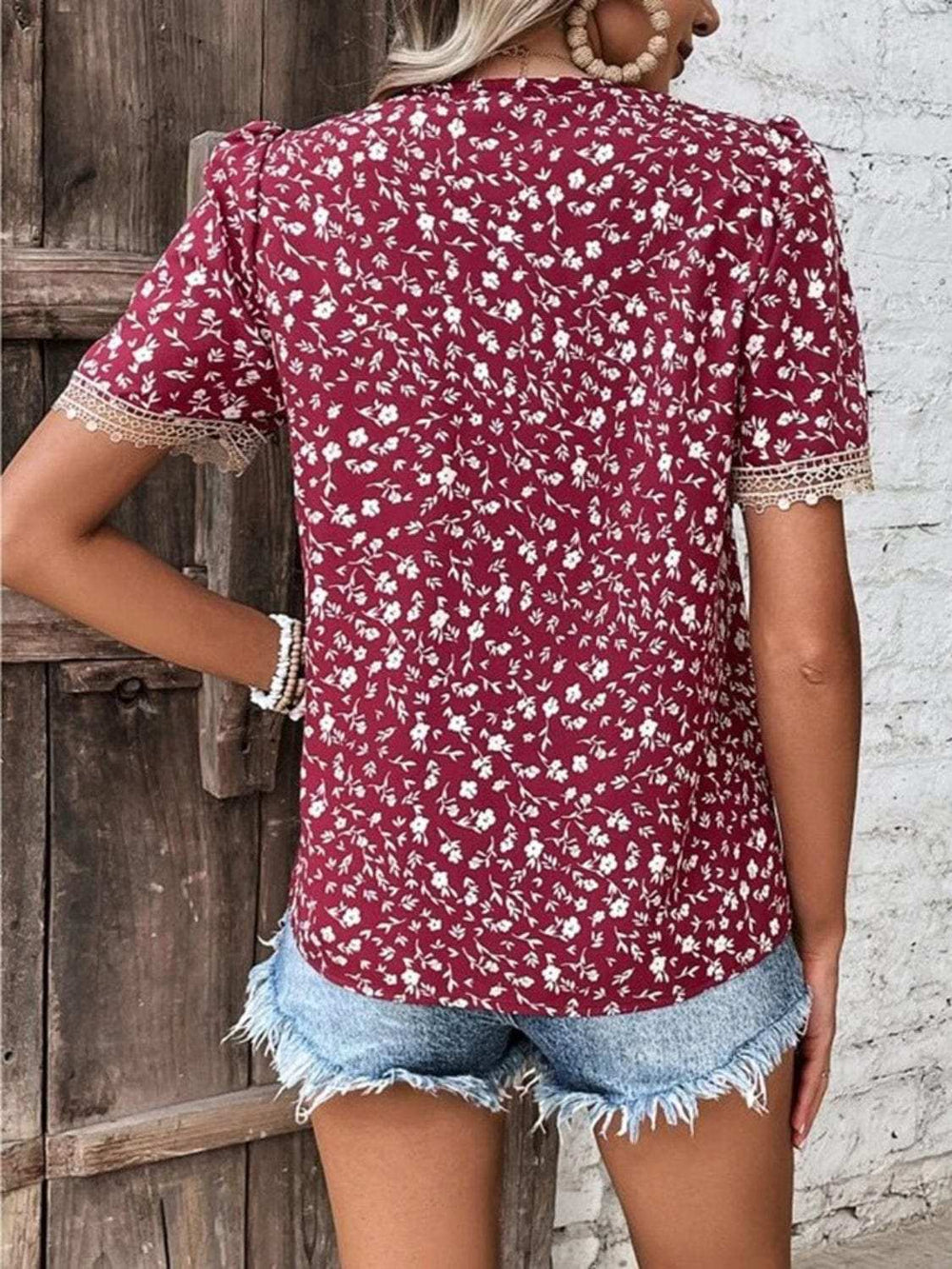 Full Size Printed V-Neck Short Sleeve Blouse - Trendsi - Flyclothing LLC